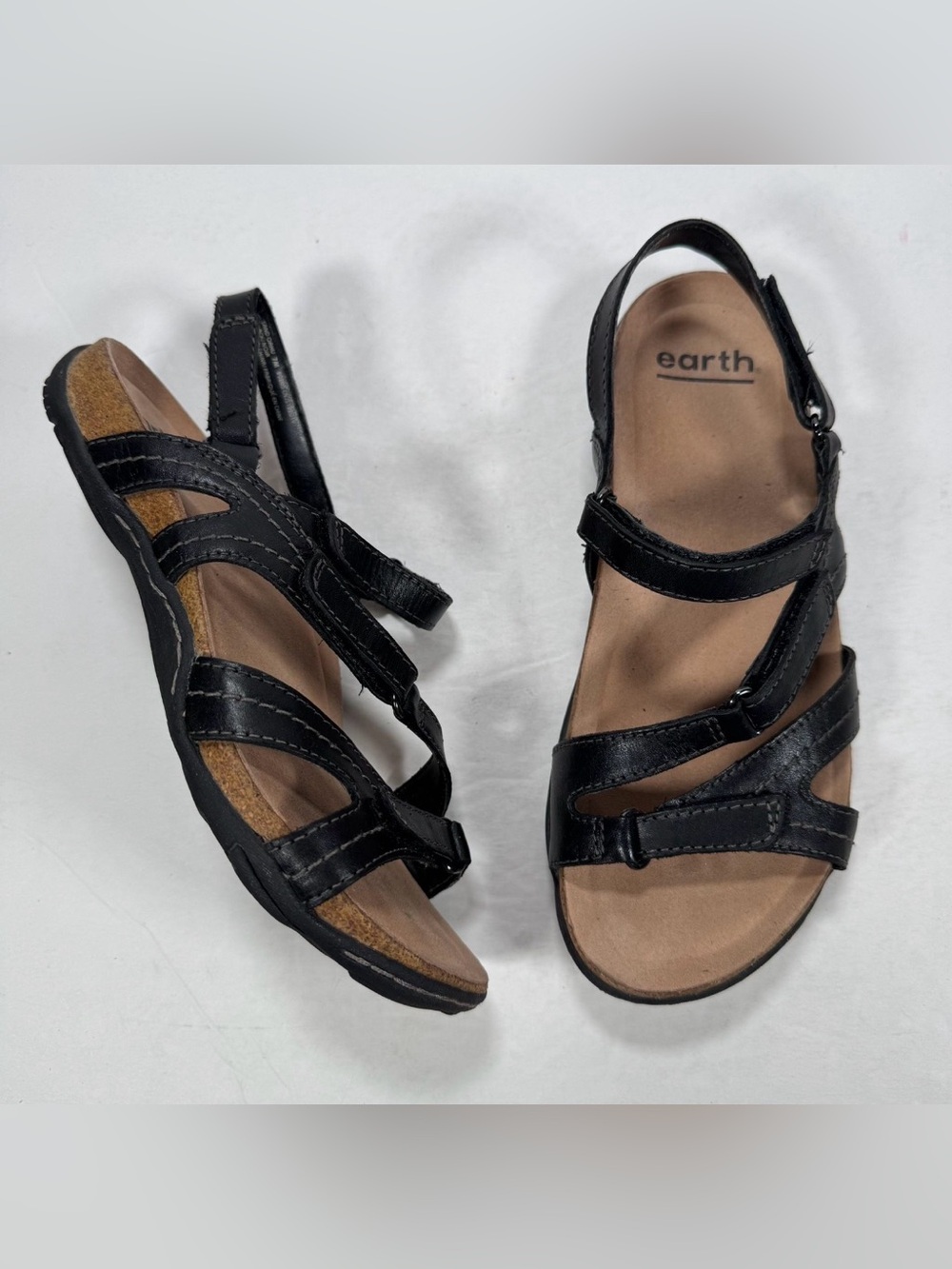 Earth Sand Oahu Black Leather Strappy Open Toe Comfort Sandals Women Size 7M